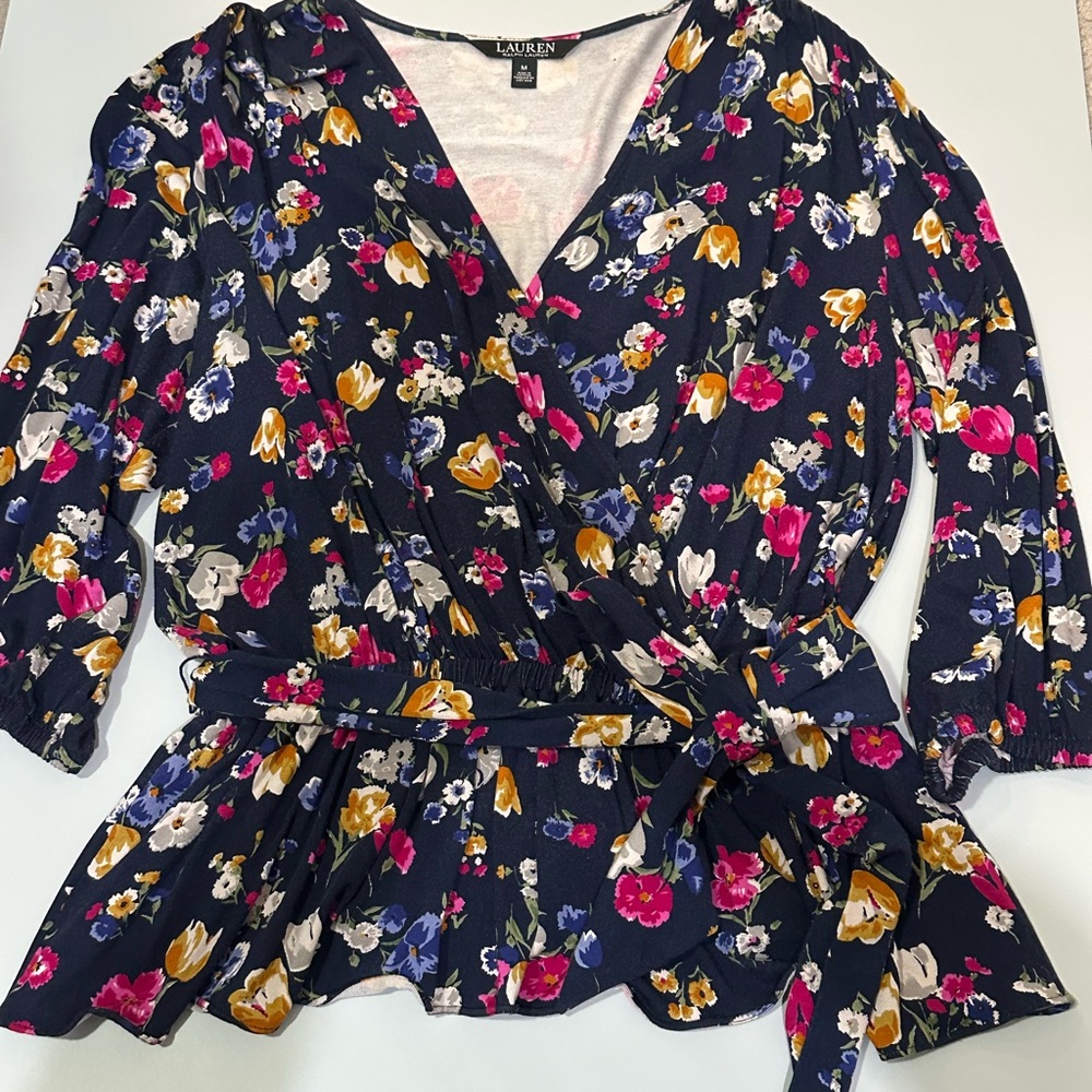 LAUREN Ralph Lauren Floral Jersey Wrap Top - Navy Multi